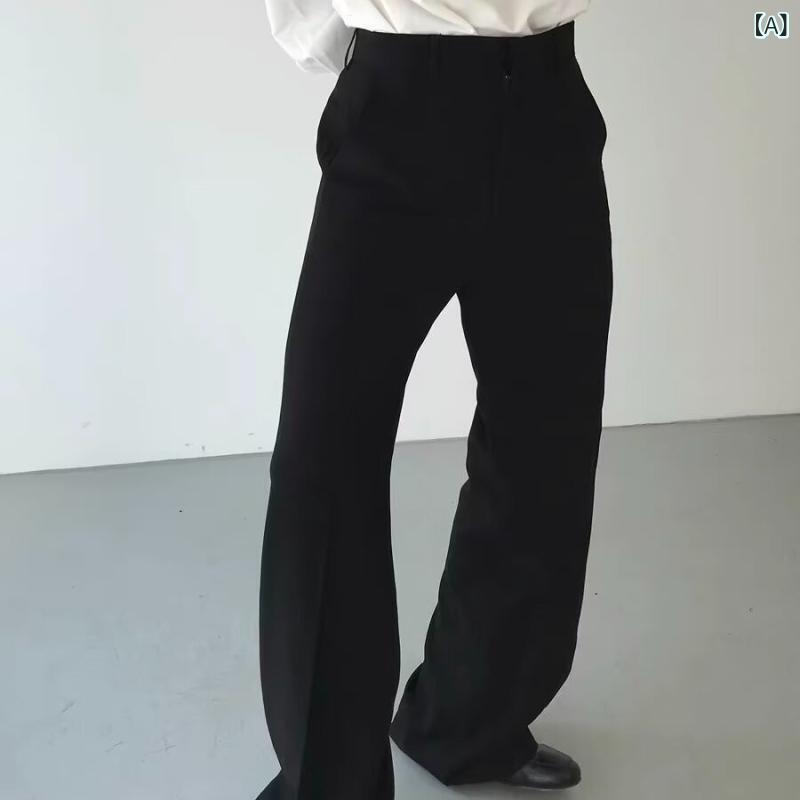 Pants - メンズ 長ズボン 直筒型 黒 薄手 無弾力 化繊混紡 ゆったり 垂れ感 ワイドレッグ ロング丈 ミドルウエスト 紐閉じ 純色 夏 スポーツ レジャー 韓国風 復古 スタイルアップ 痞帅 百搭 ストレート スリムフィット カジュアルパンツ 日常着 通勤 軽