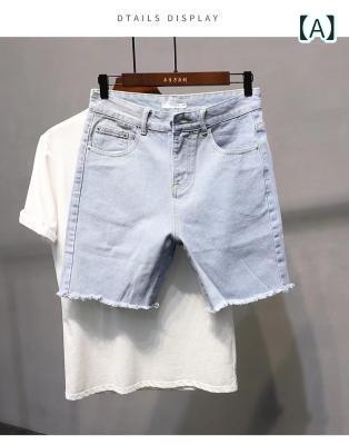Pants - メンズ デニム ショーツ 夏 韓国風 ゆったり ストレート トレンド 5分丈 中腰 ジップ ミックスコットン 微弾性 ライトブルー 軽量 綿混紡 コットン デニム生地 洗い加工 カジュアル 普段使い 青年向け 通勤 通学 アウトドア ビーチ 機能性 快適