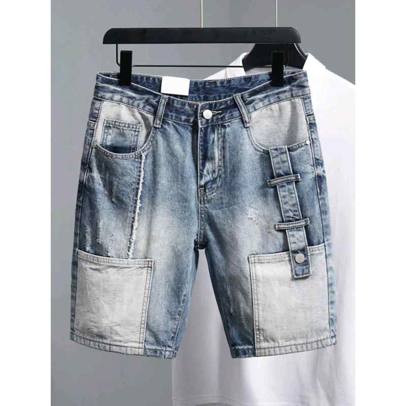 Bottoms - メンズ 牛仔 短パン 夏 薄手 切り替え デザイン 韓国風 直筒 シルエット 低腰 ラズヘッド 軽量 ポリエステル 素材 微弾性 水洗加工 運動 普段使い 浅青 ライトブルー カジュアル スタイル トレンド コーデ