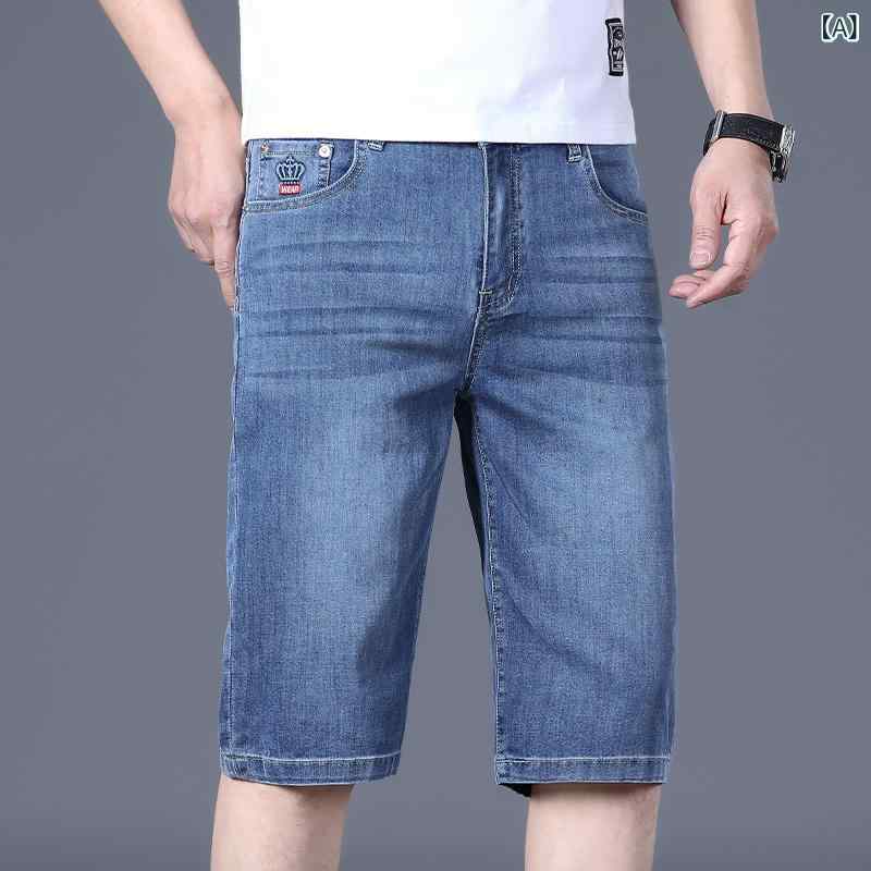 Pants - メンズ デニム ショートパンツ 薄手 綿 素材 直筒 マイクロストレッチ 夏 韓国スタイル ブルー 黒灰 霧霾ブルー 透気性 軽量 カジュアル 普段使い 通勤 デイリー コーディネート