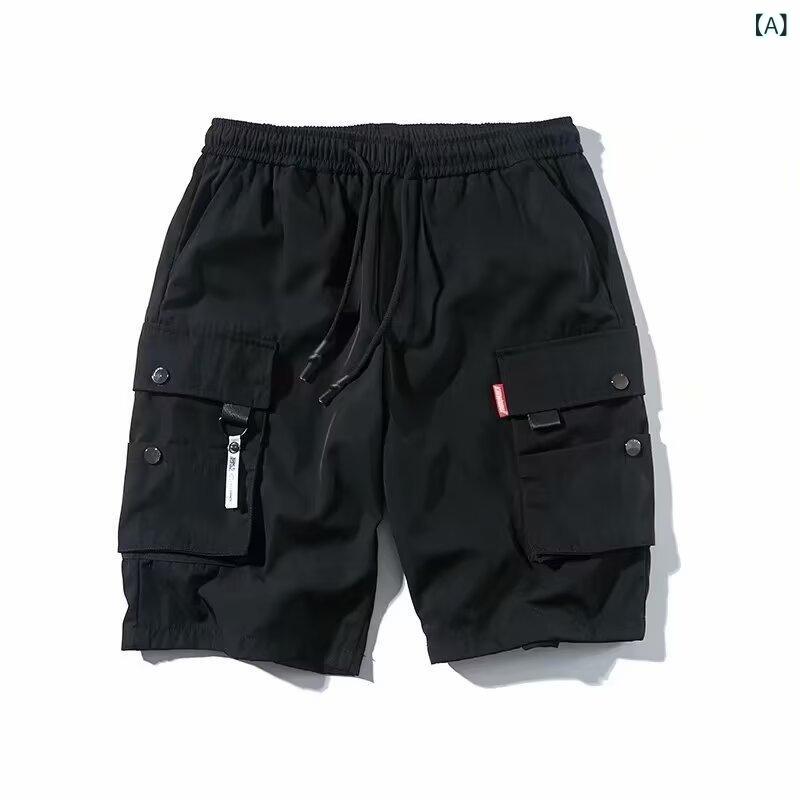 メンズ ショーツ 工装 半丈 韓国風 トレンド 多ポケット 5分丈 ワイド 学生用 ルーズ フィット 薄手 コットン混紡 ポリエステル95% 直筒 ミッドライズ ドローストリング クロージャー プレーン マイクロストレッチ ブラック グレー ミリタリーグ