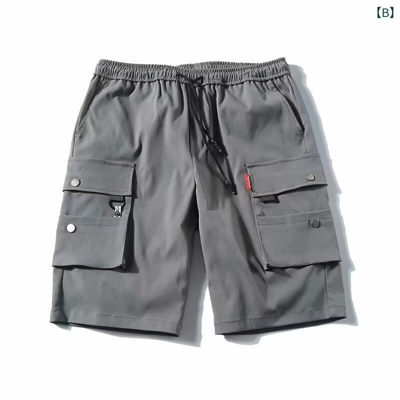 メンズ ショーツ 工装 半丈 韓国風 トレンド 多ポケット 5分丈 ワイド 学生用 ルーズ フィット 薄手 コットン混紡 ポリエステル95% 直筒 ミッドライズ ドローストリング クロージャー プレーン マイクロストレッチ ブラック グレー ミリタリーグ 2