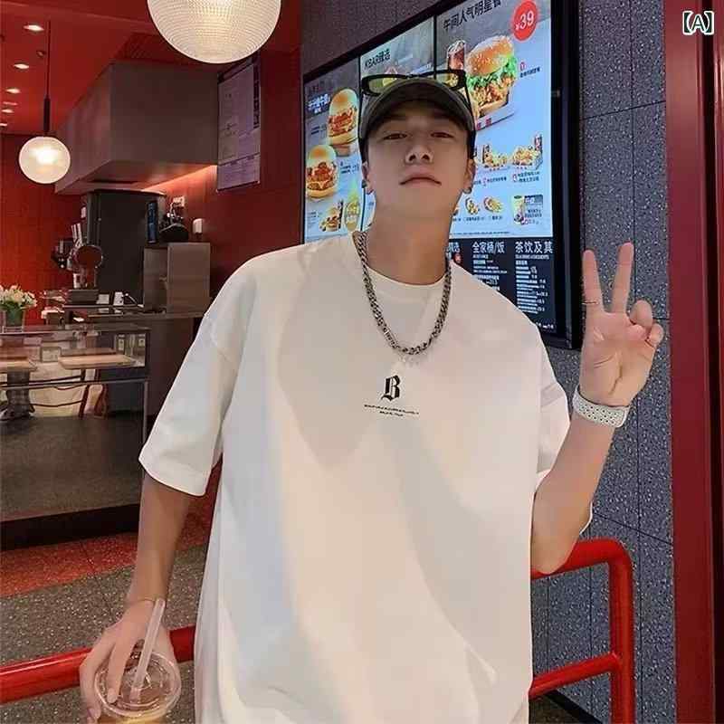 乐天商城 - メンズ Tシャツ 半袖 トップス ゆったり 綿混紡 化繊混紡 透気性 耐摩耗 無地 丸首 セットインスリーブ プリント 文字柄 白色 黒 青 日常 カジュアル 春夏 青年向け 男士 ゆったりシルエット シンプル 半袖シャツ コットン ポリエステル ブレン