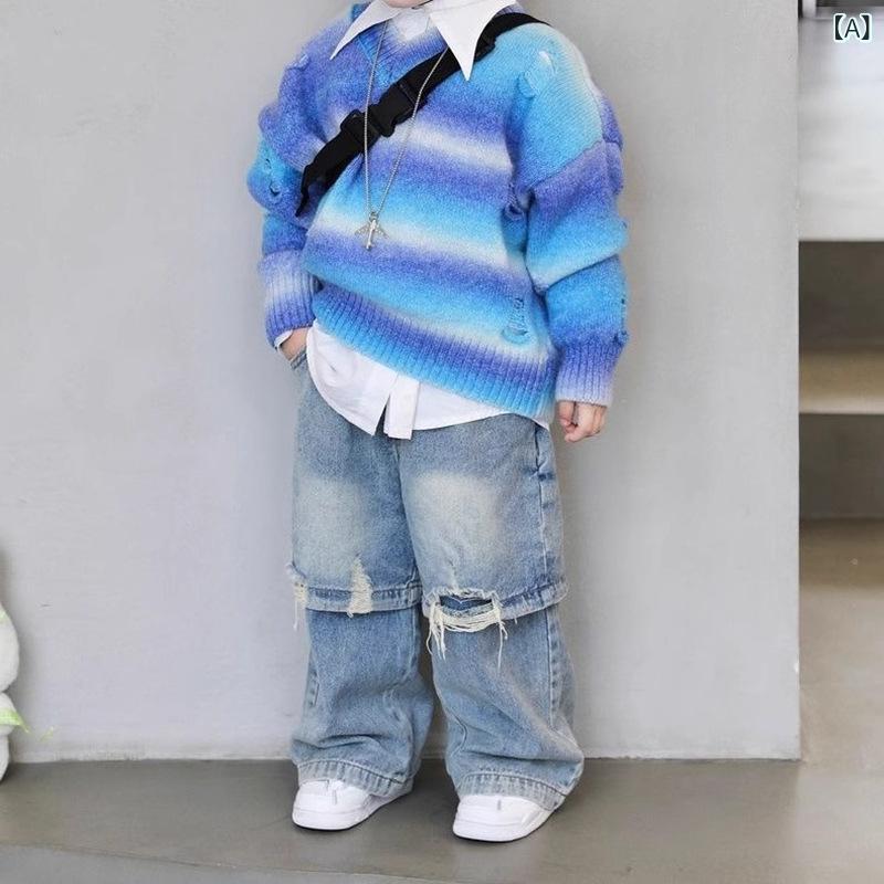 男の子 秋冬 3点セット トップス 長袖シャツ 長袖セーター 長ズボン 牛仔 直筒 グ...