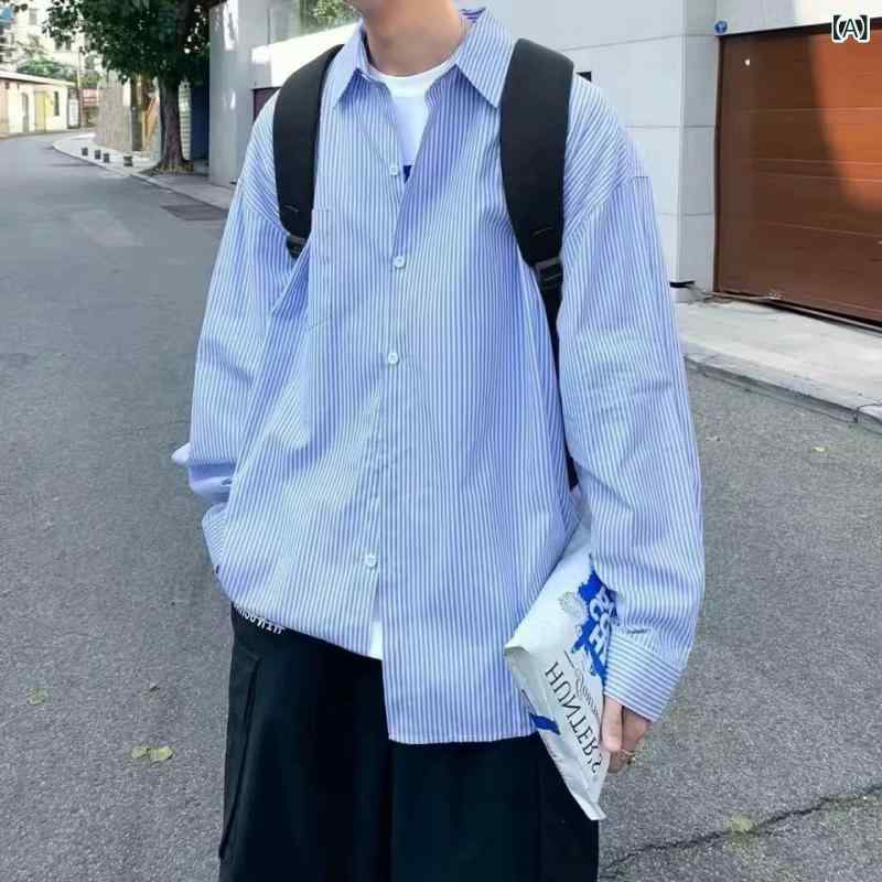 ・カテゴリ: シャツ・スタイル: 韓国風・主な素材: ポリエステル95%・ネックライン: スタンドカラー・袖丈: 長袖・柄: ストライプ・厚み: 普通・フィット: ルーズフィット・ディテール: ポケット・対象年齢: ティーン・対象性別: 男性・カラー展開: ブルー、ブラック・サイズ展開: M、L、XL、XXL、XXXL