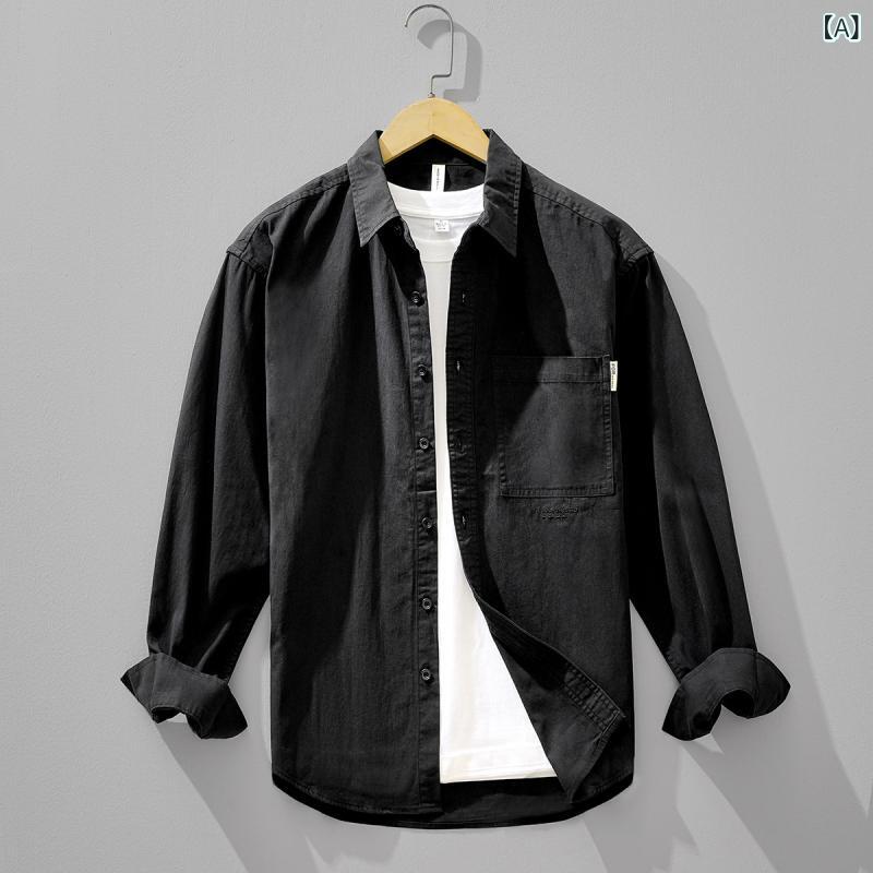 Casual Shirts - 長袖 シャツ メンズ 韓流 スタイル 秋冬 修身型 方領 開衫 純色 綿混紡 透気性 免烫加工 日常 着用 黒 白 カーキ 青年 向け トップス 外套 軽量 普通厚 春秋 対応
