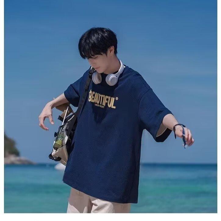 Casual Shirts - メンズ Tシャツ 短袖 ゆったり シンプル ロゴプリント ユニセックス カジュアル インナー トップス 速乾 耐久 化繊混紡 無地柄 丸首 袖標準 夏季 春 日常着 白色 黒 紺 グレー 青年向け 18-24歳 180-250g
