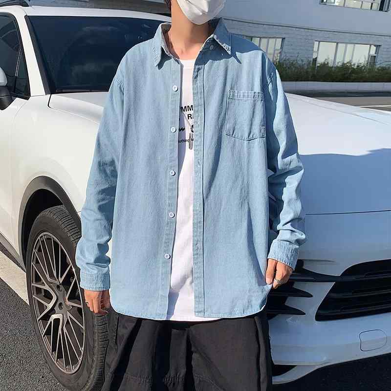 맨즈 셔츠 탑스 牛仔布 긴소매 개 옷깃 음영 와이드 루즈 피트 느긋한 실루엣 순색 프린트 무늬 경량 신축성 폴리에스테르 혼방 코튼 혼방 면훈 처리 얕은 파란색 청춘 봄 가을 봄 시즌 춘
