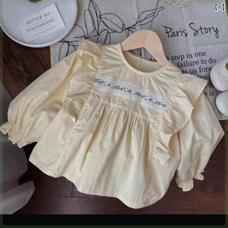 樂天商城 - 女の子 シャツ トップス ベビー キッズ 長袖 フリル 袖 かわいい デザイン 綿 素材 米黄 春 シーズン シンプル スタイル 日常使い 動きやすい 柔らかい 肌触り 安全 ベビー服 女児 上衣