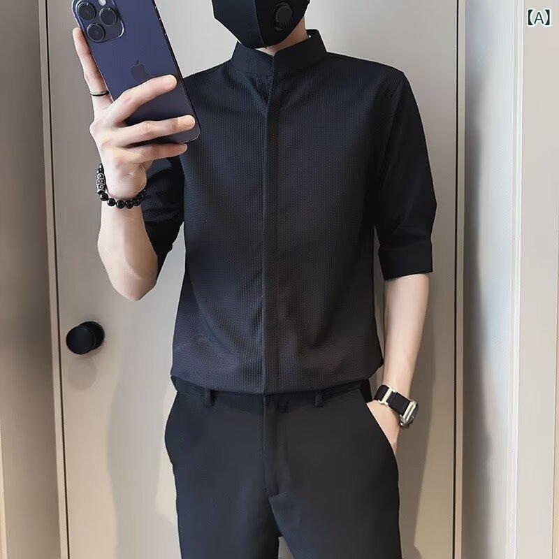 Casual Shirts - メンズ シャツ 立襟 ストライプ柄 長袖 麻素材 伸縮性 スリムフィット ゆったり 開襟 無地 普通厚 印花 黒 白 茶色 夏用 免烫 日常使い ティーン向け ファッション スタイリッシュ 軽量 カジュアル トップス 紳士服 ビジネスカジュアル コットン