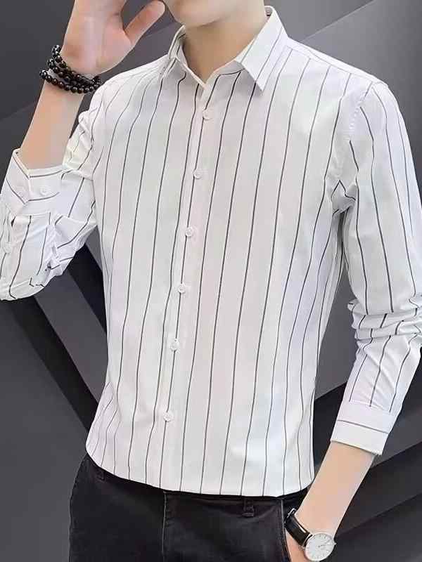 乐天商城 - メンズ シャツ トップス 長袖 修身型 フィット 条紋 スタイリッシュ かっこいい 百搭 ビジネス 休闲 通勤 普段使い 軽量 耐磨 化繊混紡 聚酯繊維 黒 白 灰 夏