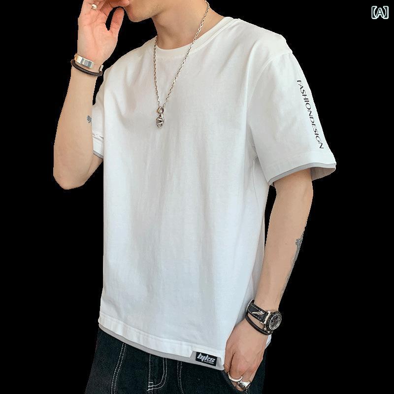 樂天商城 - メンズ Tシャツ 短袖 純綿 夏 ゆったり 大きいサイズ 韓国風 無地 薄手 印花 クリエイティブ 趣味柄 セットアップなし 青少年 18-40代 休闲 日常使い 白色 粉色 灰色 黒 青 通勤 外出 軽量 伸縮性 デイリー ファッション トップス 半袖