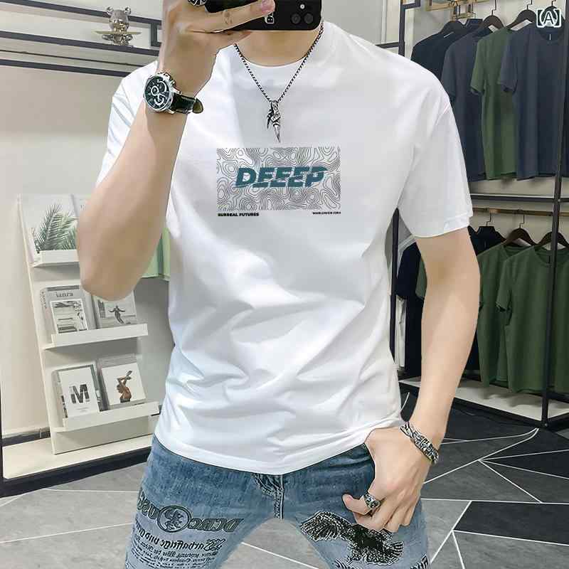 樂天商城 - Tシャツ メンズ 半袖 短袖 トップス 綿 弾力 修身 韓国風 丸首 無帽 普通厚 透気 白色 黒 緑 夏 印花 字母柄 日常 青年 24-35歳 ファッション トレンド 休闲 百搭 品質 180g
