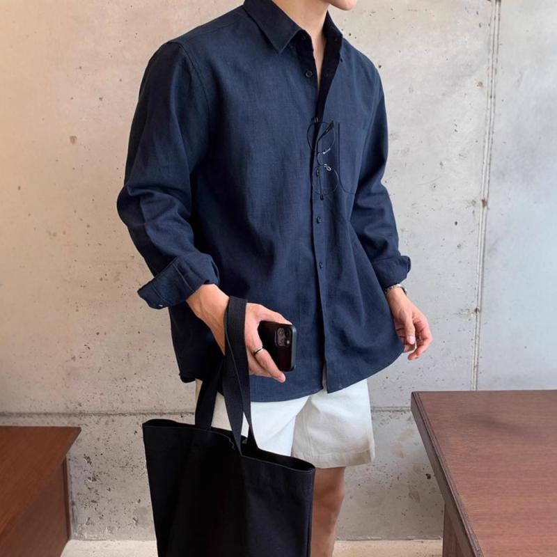 長袖 シャツ メンズ 春夏 韓国風 痩せ型 ハンサム 高級感 ゆったり 風 デザイン 感 少量 外套 ポリエステル 繊維 透気性 復古 スタイル 開襟 長袖 無地 普通 厚 明線 ステッチ 青少年 向け 日常 使い 黒 深紺 ゆったり シルエット 免燙