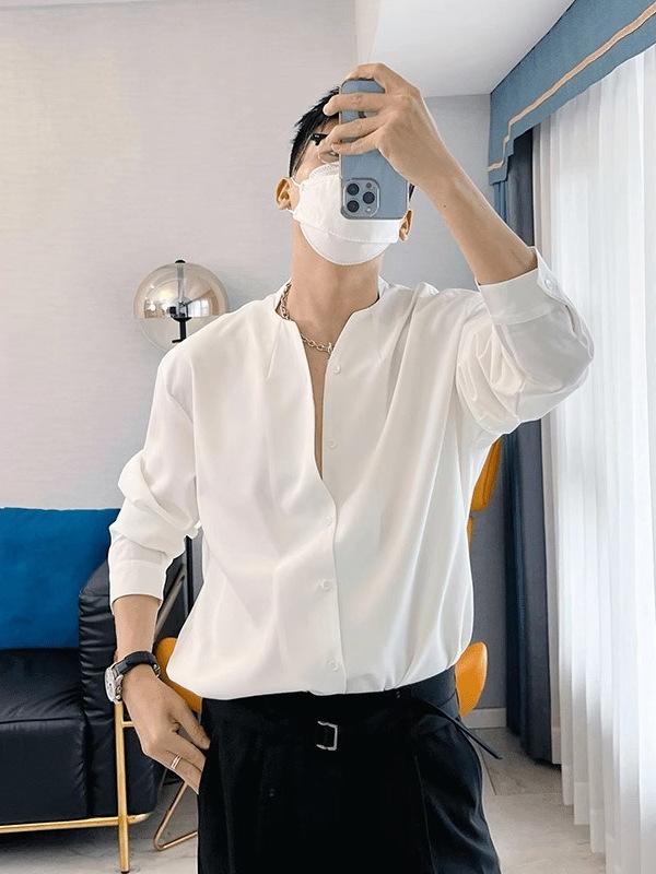 メンズ シャツ トップス 無領 デザイン 韓国風 トレンド 禁欲系 ゆったり シルエット 長袖 垂坠 透気 軽量 ポリエステル 素材 純色 普..