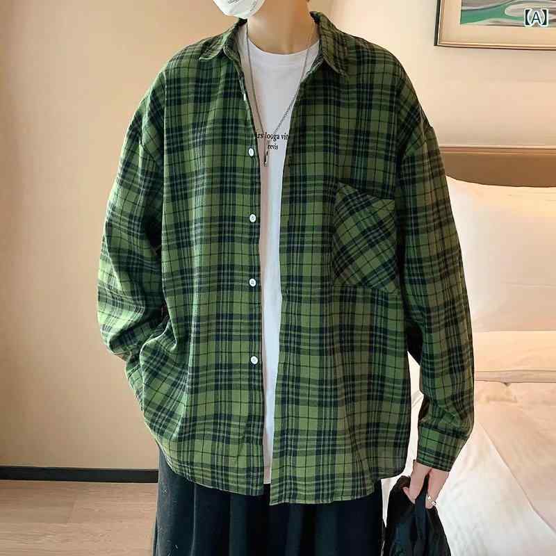 Casual Shirts - メンズ シャツ トップス 長袖 格子柄 コットン混紡 免烫加工 翻領 開衫 ルーズフィット 秋冬 緑 黒 橙 日常 通勤 普段使い 軽量 伸縮性 青年向け ベースレイヤー カジュアル