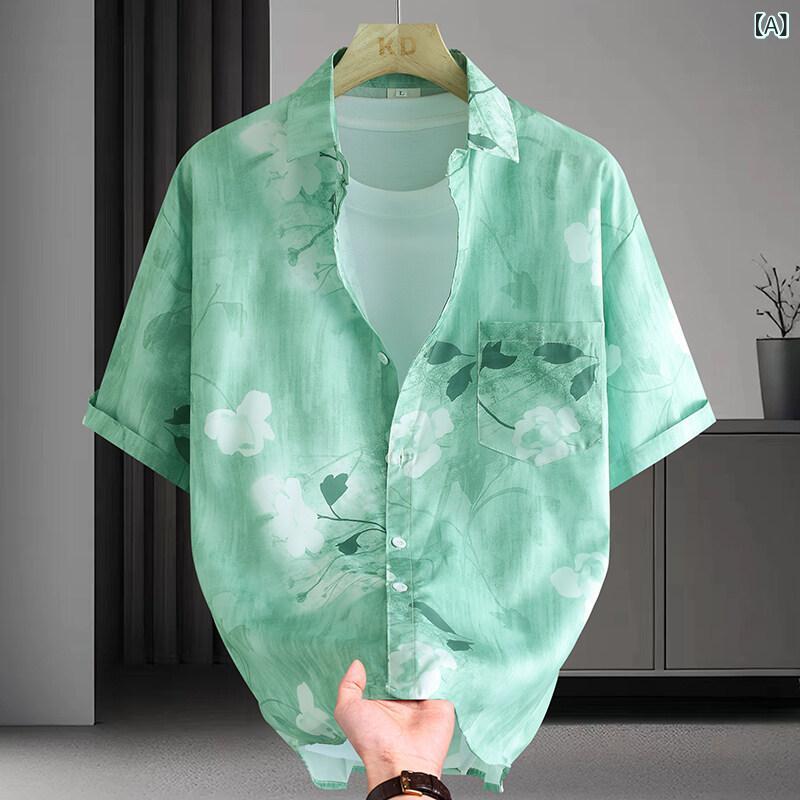 メンズ 短袖シャツ 開襟 フラワー柄 夏服 ポリエステル 混紡 軽量 ハワイアン スタイル ゆったり トップス シャツ 開衫 ハワイ シャツ ..