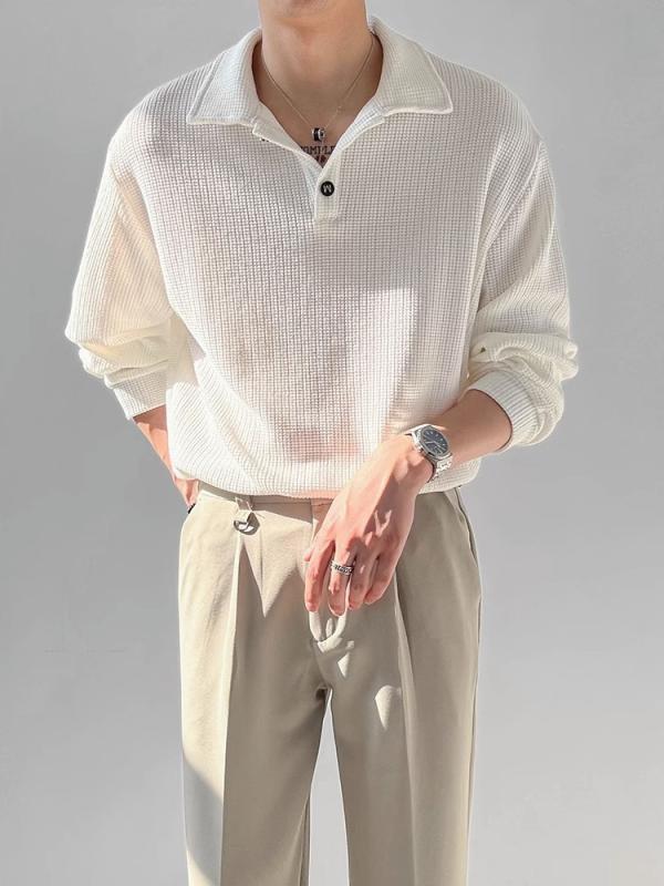 メンズ 長袖 ポロシャツ ハウンドトゥース柄 韓国風 ルーズフィット Tシャツ トップス ストリートファッション レイヤード ベースレイヤー ポリエステル 無地 水洗加工 普通厚 秋冬 ユニセックス ブラック 白