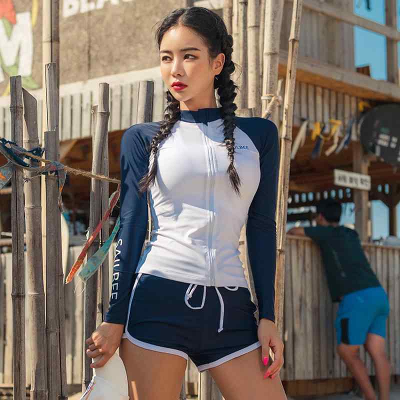 潜水服 レディース セパレート 長袖 ロングパンツ UVカット 速乾 ラッシュガード サーフィンウェア 水着 体型カバー スノーケリング スイムウェア 二点セット マリンスポーツ 伸縮性 露出控えめ オールシーズン・機能: 速乾・性別: 女性・対象年齢: 成人・用途: 水泳、水遊び・カラー: 紺×白ファスナー上着、白縁紺短パン、白ブラトップ、紺ロゴ長ズボン、紺三角パンツ・サイズ展開: S, M, L, XL・対応スポーツ: ダイビング