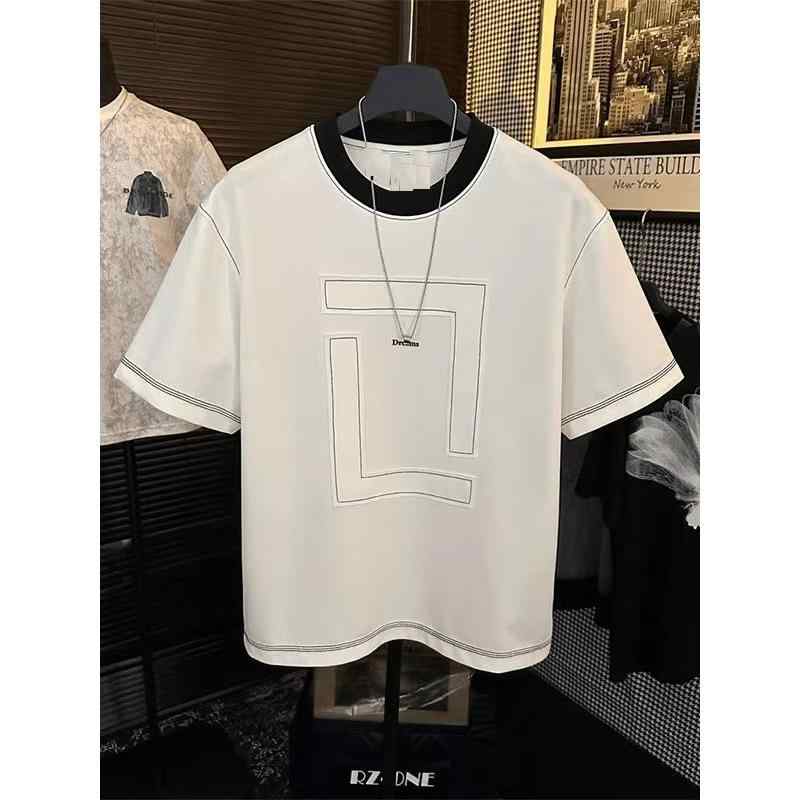 樂天商城 - メンズ Tシャツ 短袖 丸首 夏用 白色 ポリエステル 幾何学柄 修身 軽量 透気性 通勤 普段使い 韓国風 カジュアル トップス 合体型 日常着 青少年向け シンプル デザイン 百搭 セットアップなし