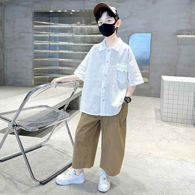 ・カテゴリ: 子供服セットアップ・対象性別: 男の子・スタイル: 韓国風・セット内容: トップス、パンツの2点セット・対象年齢: 中小童（3～8歳、100～140cm）・袖丈: 半袖・パンツ丈: 九分丈・生地加工: 柔軟加工・生地の厚さ: 薄手・柄: 無地・主な素材: 綿95%・安全基準: B類・カラー展開: ホワイト・対応身長: 120cm、130cm、140cm、150cm、160cm、170cm