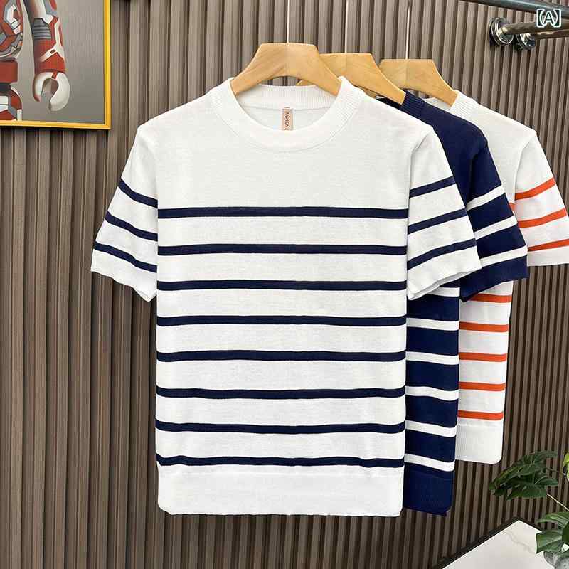 乐天商城 - メンズ Tシャツ 短袖 ニット ベースレイヤー 韓国風 スリムフィット ストライプ 垂感 ゆったり 復古 ライン衣 軽熟風 休闲 圆领 落肩袖 徽章 几何图案 免烫 白色 藍色 橙色 ポリエステル 化纤混纺 日常 夏季 青少年 成人