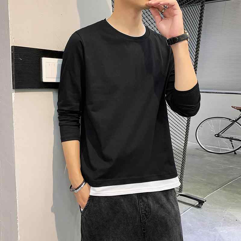 乐天商城 - 長袖 Tシャツ メンズ 韓国風 シンプル 切り替え インナー コットン 無地 修身 セットインスリーブ ローカラ 丸首 普通厚 春秋冬 青少年 休闲 カジュアル 白色 黒 青 深灰 浅カーキ 豆沙緑 金黄 砖紅 ロブヘム コットン100% 200g