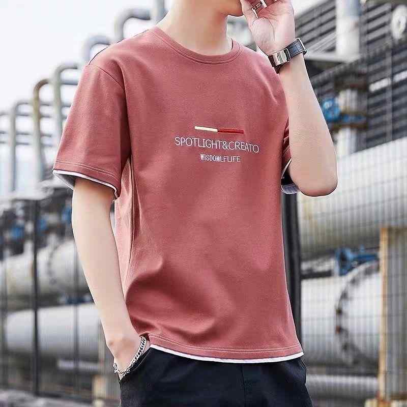 メンズ Tシャツ 短袖 薄手 韓国風 プリント シンプル 丸首 修身 トップス 赤 黒 白 ポリエステル 透気性 夏 休闲 カジュアル 青年 数码印花 文字柄 180g