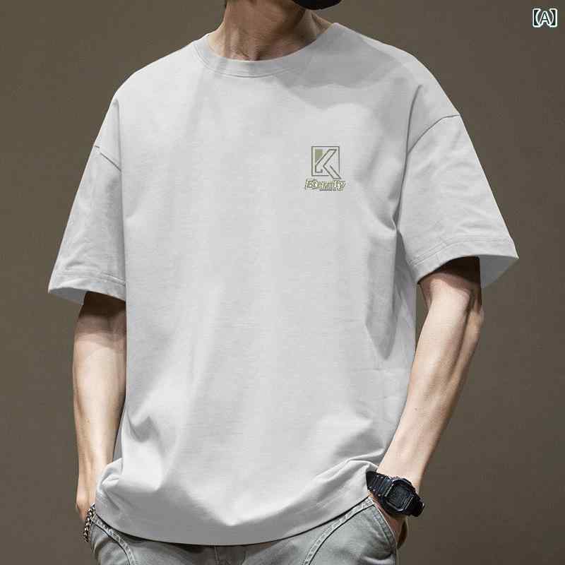 樂天商城 - Tシャツ メンズ 短袖 夏 コットン 綿 素材 透気 機能 ゆったり ルーズ フィット 丸首 落肩 袖 プリント 字母 柄 シンプル デザイン 日常 普段使い 休闲 カジュアル スタイル 白色 黒 卡其 43 ブルー 深灰