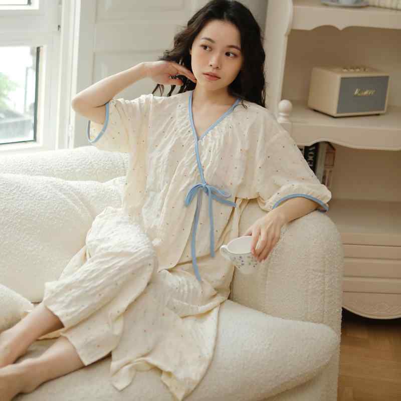 マタニティ 産後 授乳服 パジャマ 部屋着 半袖 浴衣風 前開き 薄手 妊婦服 ホームウェア 寝巻き 出産準備 入院着 ゆったり 春夏・素材: 縮緬・スタイル: 和服・袖丈: 三分袖・カラー展開: B2522#・サイズ展開: L, XL, 2XL・雰囲気: 甜美可愛風・生地の厚さ: 薄手 (121-140g/平方メートル)