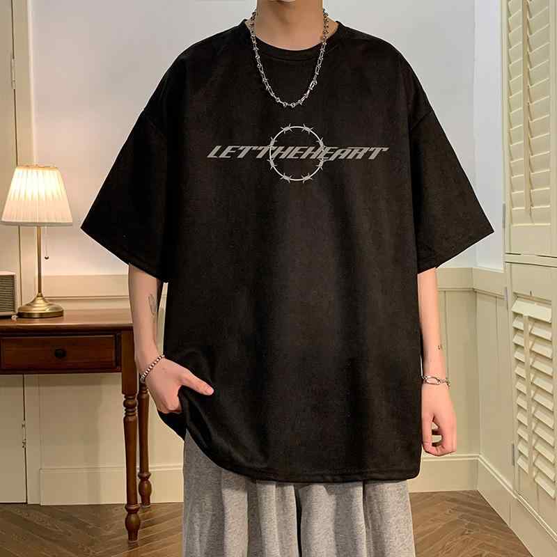 メンズ Tシャツ 短袖 丸首 ゆったり スリム トップス 綿混紡 化繊 プリント 幾何学柄 防皺 日常 黒 杏 グレー 緑 夏 春夏 2025