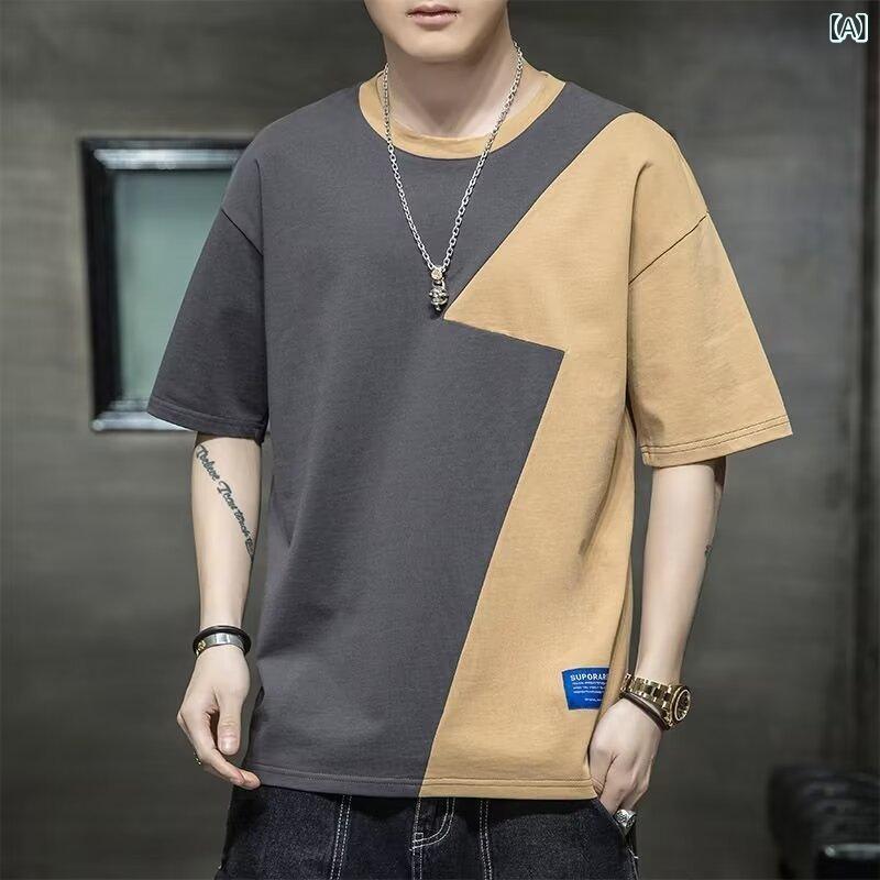 Rakuten - Tシャツ メンズ レディース 短袖 丸首 ゆったり 切り替え 直線 シルエット 薄手 透気 耐摩耗 化繊 混紡 プリント 字母 パターン 深灰 藍 浅灰 夏 秋 春秋 シーズン 休闲 シーン 青少年 成人 基礎 トレンド ベース レイヤー トップス イン