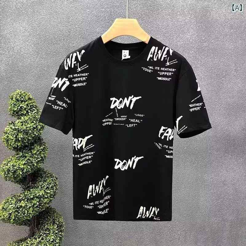 Spain （Clubs） - Tシャツ メンズ 短袖 丸首 薄手 夏 韓国風 ゆったり 青年 透気性 トレンド 半袖 ベーシック ブラック 緑 杏色 速乾 吸湿排汗 耐摩耗 ポリエステル 字母柄 幾何学柄 プリント ゆったりシルエット 休闲 カジュアル 日常使い