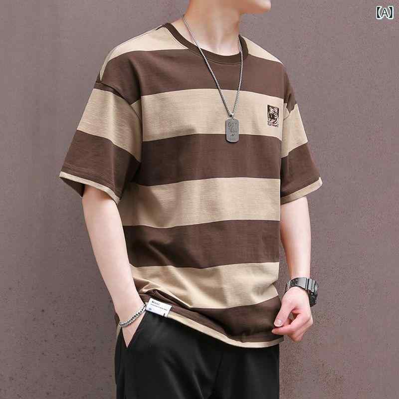 Rakuten - メンズ Tシャツ 短袖 半袖 トップス 韓国風 トレンド シンプル 丸首 合体型 ストライプ柄 ポリエステル 透気性 耐摩耗 吸湿速乾 ブラウン 日常使い 夏 ティーンエイジャー 成人 18-24歳 180-250g 軽量 ゆったり 休闲 カジュアル
