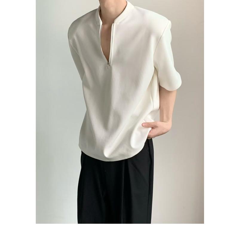 乐天商城 - メンズ Tシャツ 半袖 半拉链 韓国風 極シンプル 百搭 肩パッド 短袖 トップス 夏用 透気性 防皺 吸湿速乾 ポリエステル混紡 無地 ルーズフィット ラウンドネック ティファニー加工 免烫 ホワイト ブラック ティーンエイジャー ユース カジュアル