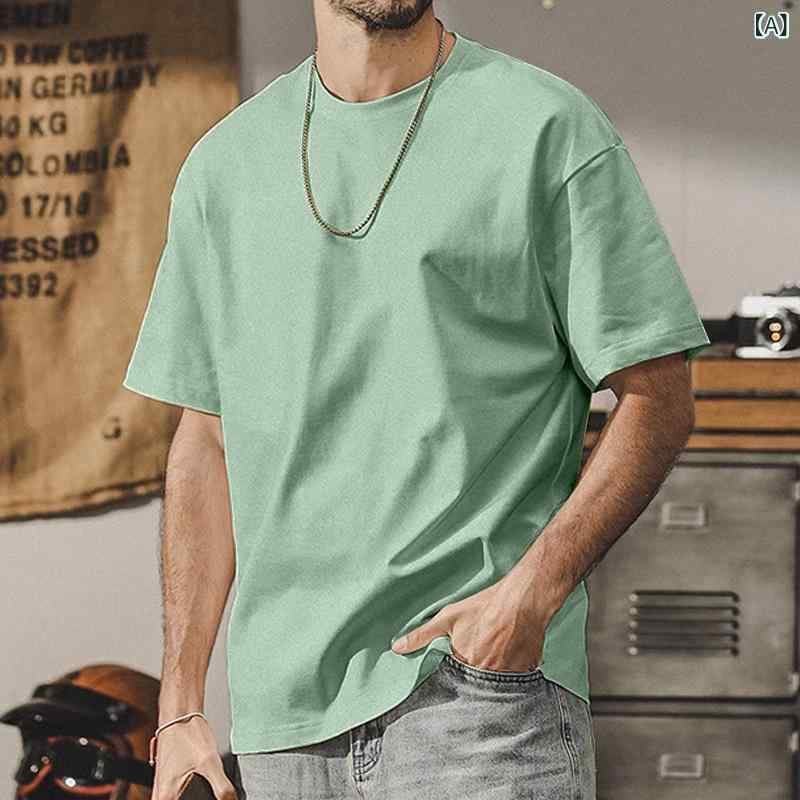 樂天商城 - Tシャツ メンズ 短袖 綿 夏 丸首 ゆったり ルーズ 休闲 ベーシック 単色 フィット 厚手 260g 浅緑 黒 白 深灰 紺 コーヒー 青年 成人 2025夏季 新款 韓国風