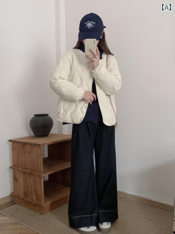Rakuten - レディース 羽绒服 短款 軽薄 白鸭绒 ダウンジャケット 菱形格子 韓国風 小个子対応 小圆领 直筒型 長袖 超短丈 中厚 雪尼尔 アミノ酸 30%以下 単排扣 米白色 黒 杏色 御姐風 私服 成人女性 オータムウィンター 軽量 暖か スタイリッシュ コ