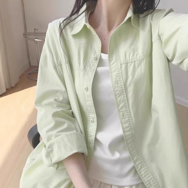 Rakuten - レディース シャツ トップス 緑 ピンク 黄色 綿 長袖 POLO領 開衫 中長丈 ボタン 夏 紫外線カット 防風 デザイン 日常使い 外出着 快適 軽量 百搭 単排扣 日常風