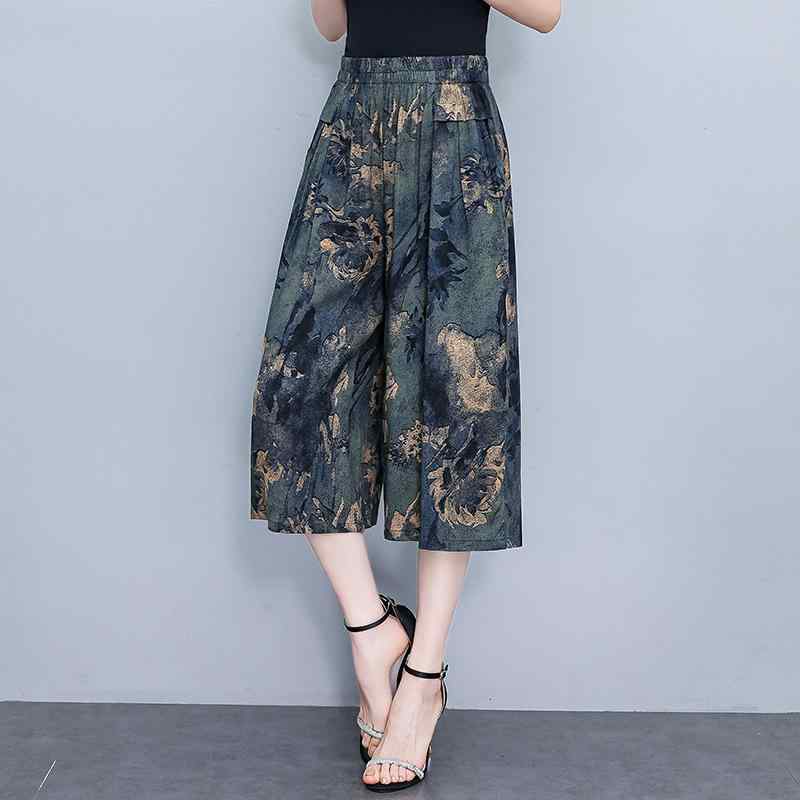 Cropped Pants - 女性用 ワイドパンツ 七分丈 綿麻素材 高腰 ゆったりシルエット 花柄 スカートパンツ 夏用 薄手 口袋付き 日韓カジュアル 快適 軽量 黒 ベージュ グレー