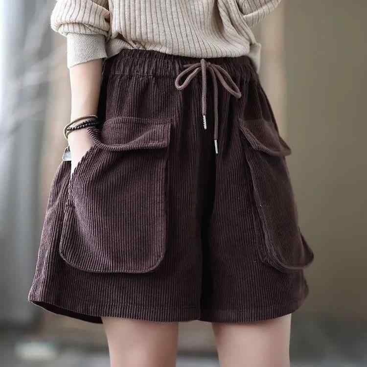 Cropped Pants - レディース ショートパンツ 秋冬 灯芯绒 ポリエステル 黒 ワイドレッグ 膝上丈 ゆったり 韓国風 松腰 気質 通勤 都市 微弾性 快適 休闲 スタイル