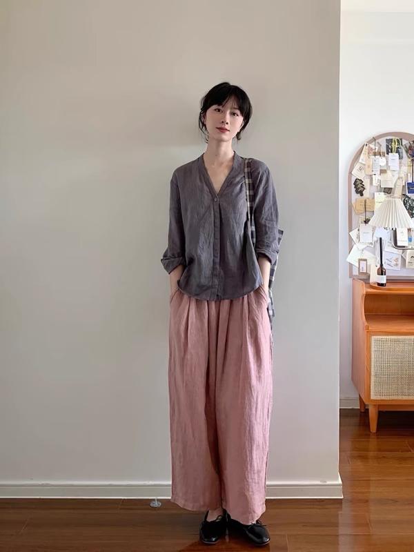 Casual Shirts - レディース シャツ Vネック 麻 長袖 薄手 防紫外線 トップス 煙灰 春季 日韓 スタイル 休闲 風