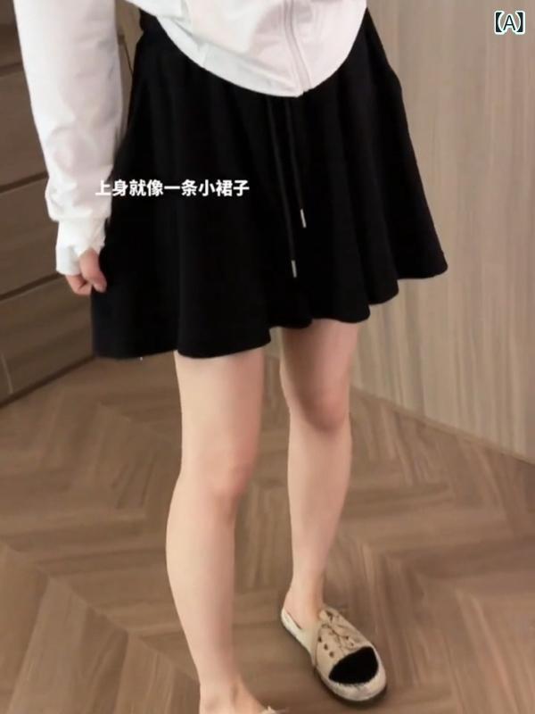 Rakuten - レディース スカートパンツ 短パン 夏 黒 深灰 基本款 ワイドレッグ 5分丈 涤纶 ポリエステル繊維 抽绳 ドローストリング 気質 通勤 シンプル 优雅 気質 レジャー 女性用 クロスボーダー カジュアルパンツ 百搭 垂感 A字 版型 休闲 辣妹風 純