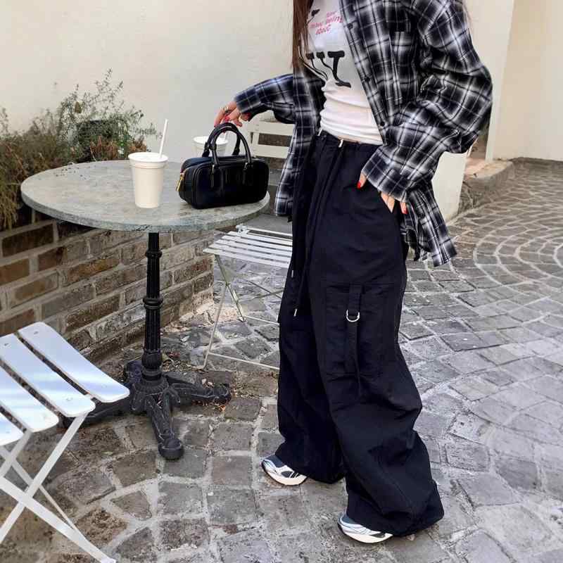 レディース 工装パンツ 高腰 ドローコード 紐 ビッグポケット ゆったり ワイドレッグ スポーツパンツ 通勤風 気質スタイル 卡其 白色 ..
