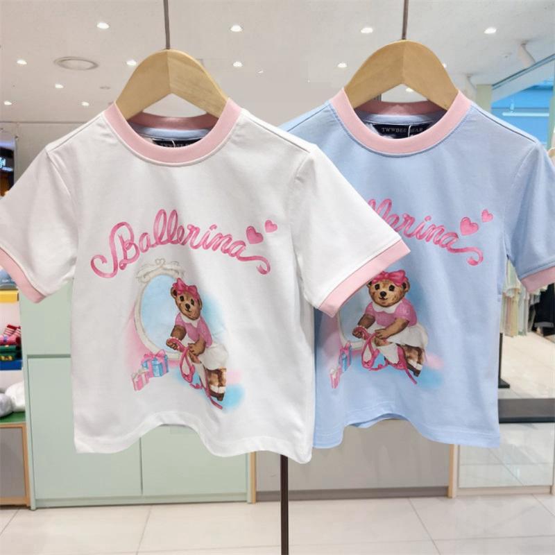 Rakuten - 女の子 Tシャツ 短袖 綿 100% 夏 かわいい 熊柄 シルク リボン デザイン 100cm 110cm 120cm 130cm 140cm 白 青