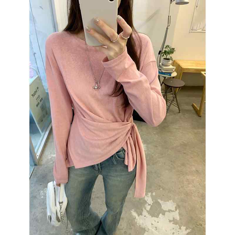 Other - Tシャツ レディース 長袖 丸首 修身 ウエスト 紐 結び ストラップ 通勤 気質 スタイル 直筒 シルエット 水洗 加工 春季 杏 色 白色 ピンク かわいい トップス ユニセックス ユニセックス ブラウス シャツ ブラウス