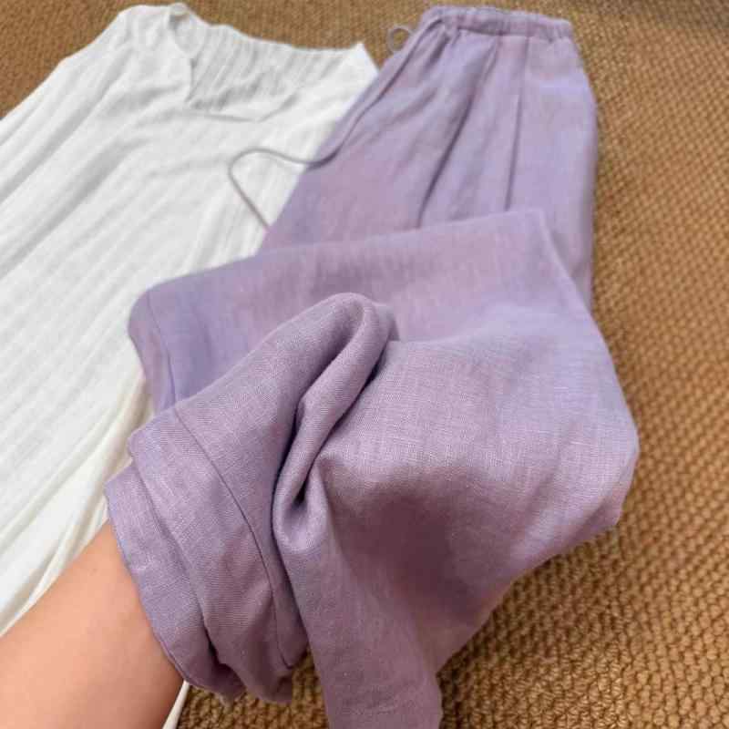 乐天商城 - レディース ワイドパンツ 紫 麻 素材 ポリエステル 混紡 直筒 デザイン 高腰 長丈 中厚 抽绳 切り替え ディテール 夏 シーズン 日韓 スタイル 快適 休闲 ファッション シルエット ゆったり フィット 日常 使い 通勤 コーデ