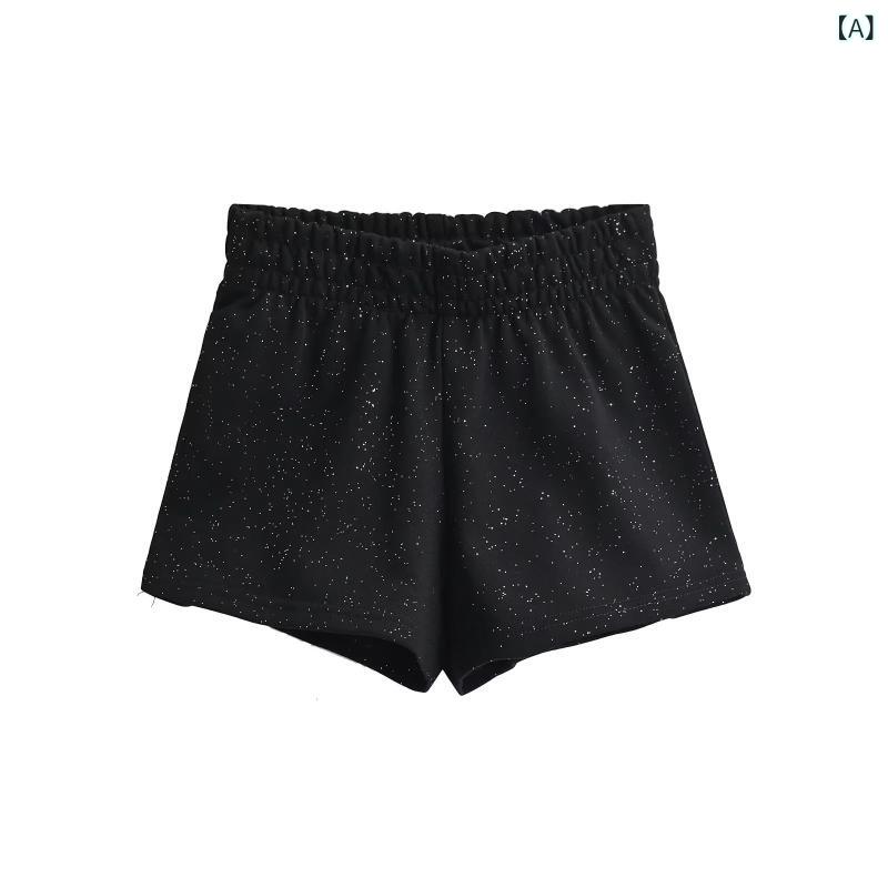 レディース ショートパンツ 高腰 ワイド 3分丈 松腰 綿 ローマンコットン 切り替え 黒 グレー 夏 ミドル厚 ストレッチ ルーズフィット 甘辛 デイリー ファッション 私服 カジュアル