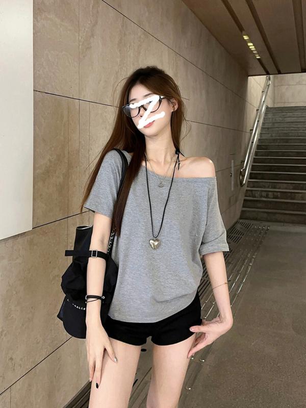 Casual Shirts - Tシャツ レディース 短袖 韓国風 綿 スパンデックス 無地 セットアップ ワンショルダー ボートネック ゆったり 夏 軽量 接触冷感 ブラック 白 グレー ライトブルー シンプル カジュアル 日常使い