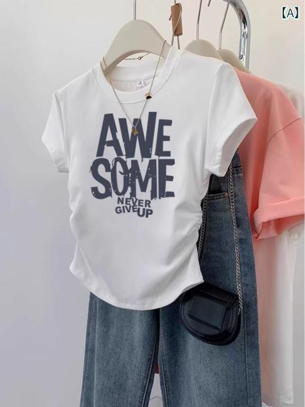 Rakuten - レディース Tシャツ 丸首 半袖 無地 綿 ポリウレタン 混紡 修身 スリムフィット 気質 通勤 スタイル 快適 デイリー トップス 白色 黒 グレー 夏