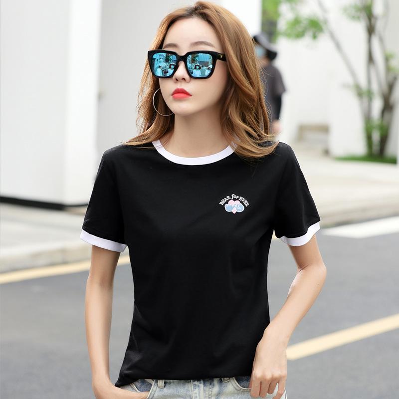 乐天商城 - Tシャツ レディース 短袖 刺繍 切り替え 丸首 ゆったり 綿 花柄 黒 白 淡黄 豆緑 気質 通勤 夏 春夏 韓国風 トレンド トップス 上衣 女上衣 潮T